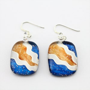 Blue Gold Wavy Glass Earrings, Handmade Glass Art Earrings