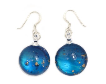 Midnight Blue Glass Round Gold Fleck Drop Earring