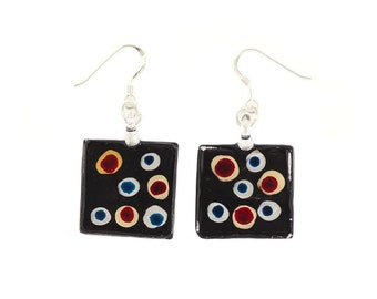 Spotty Square Drop Earrings, Glass Earrings, Hand Painted Earrings, Multicolour Earrings