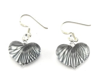 Black Striped Glass Heart Drop Earrings, Glass Art