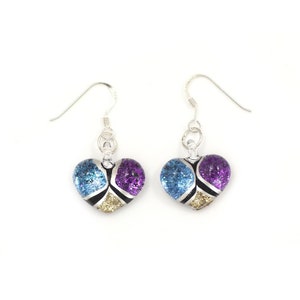 Brincos de coração de vidro dourado azul roxo, brincos de coração, brincos de coração brilhantes