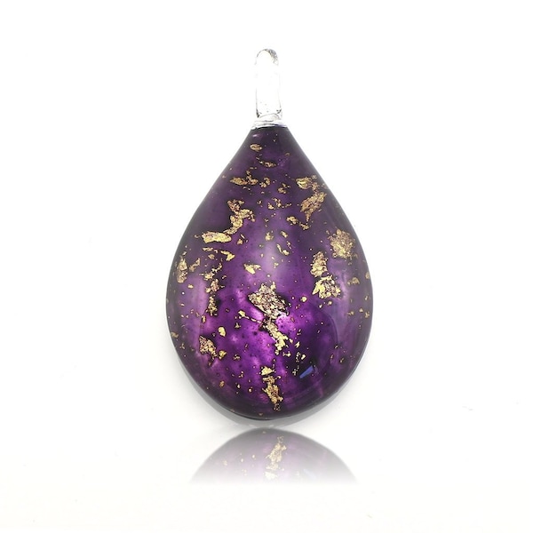 Purple Glass Teardrop Gold Fleck Pendant Necklace