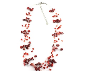Red Coral Necklace, Coral Gemstone Chip Necklace, Multi Strand Necklace, Red Necklace