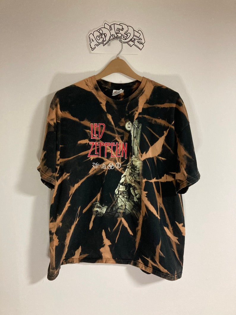 Led Zeppelin acid washed shirt cotton size 2XL one of a kind reverse tie dye on up-cycled tee