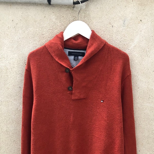 Vintage Y2K Tommy Hilfiger Sweater Big Collar Button Y2K Style Rusty Orange Jumper Embroidered Logo - Size L