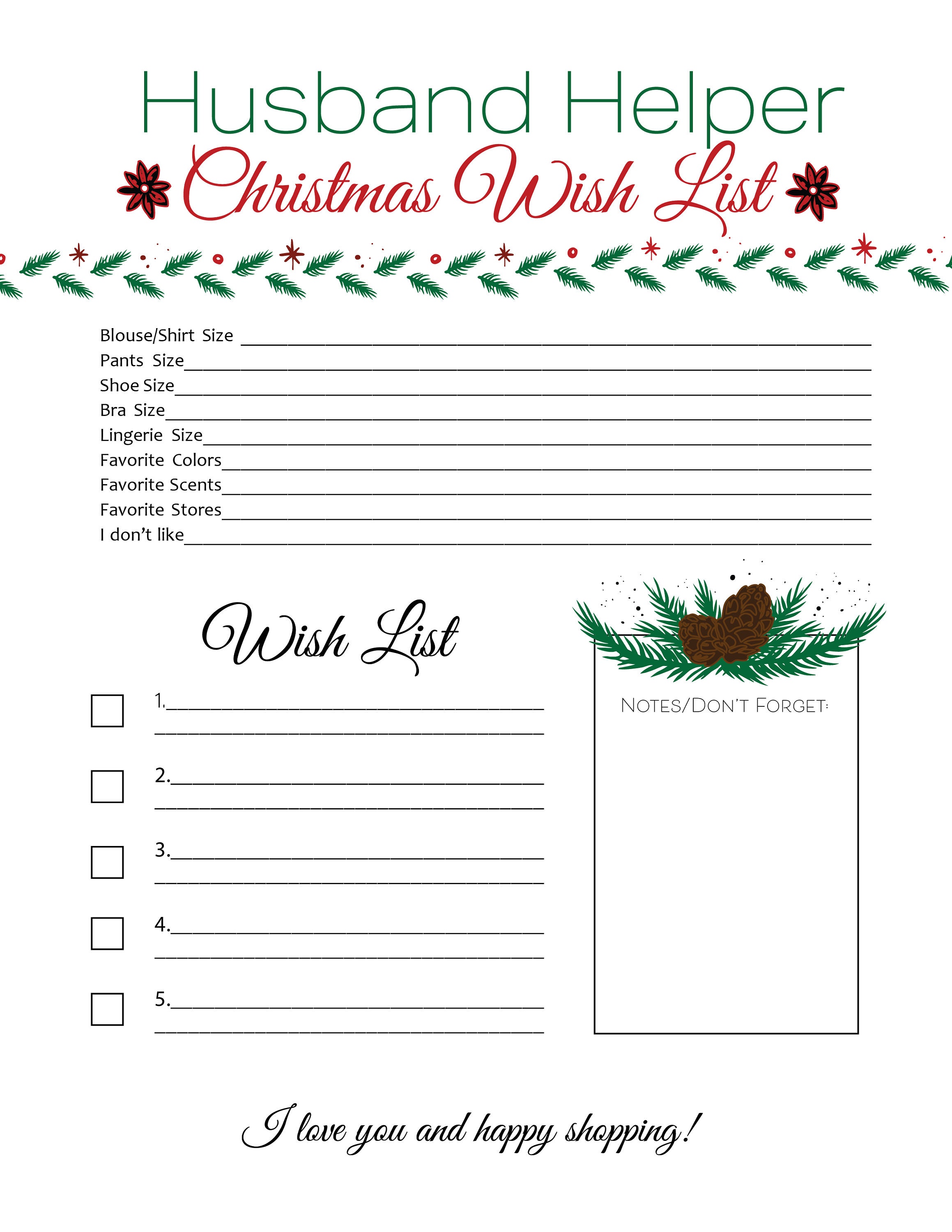 Christmas Wish List Husband Cheat Sheet digital Print - Etsy