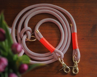 Dog leash made of rope neon orange I golden carabiners I 2-way adjustable