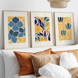 Mustard Navy Blue Simple Minimal Botanical Mid Century Modern Wall Art, Set Of 3 Prints Downloadable Abstract Botanical Boho Flower Prints