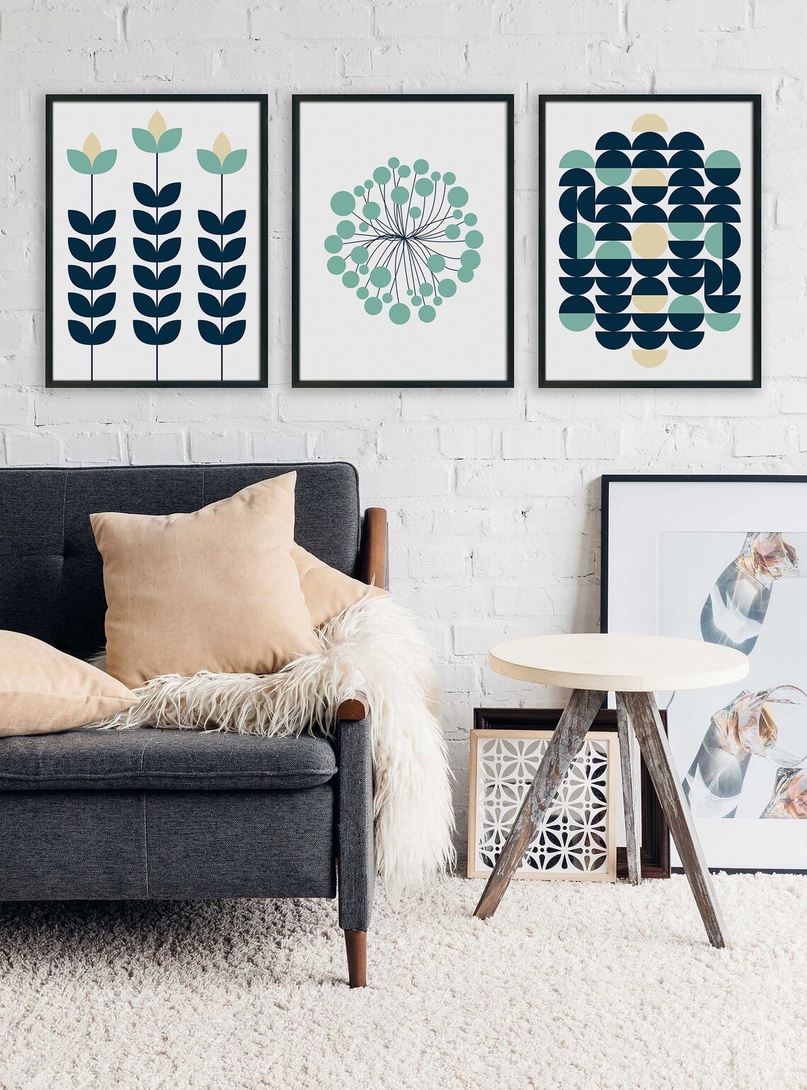 Abstract Wall Art Prints Sage Mint Green and Navy Blue Set Etsy