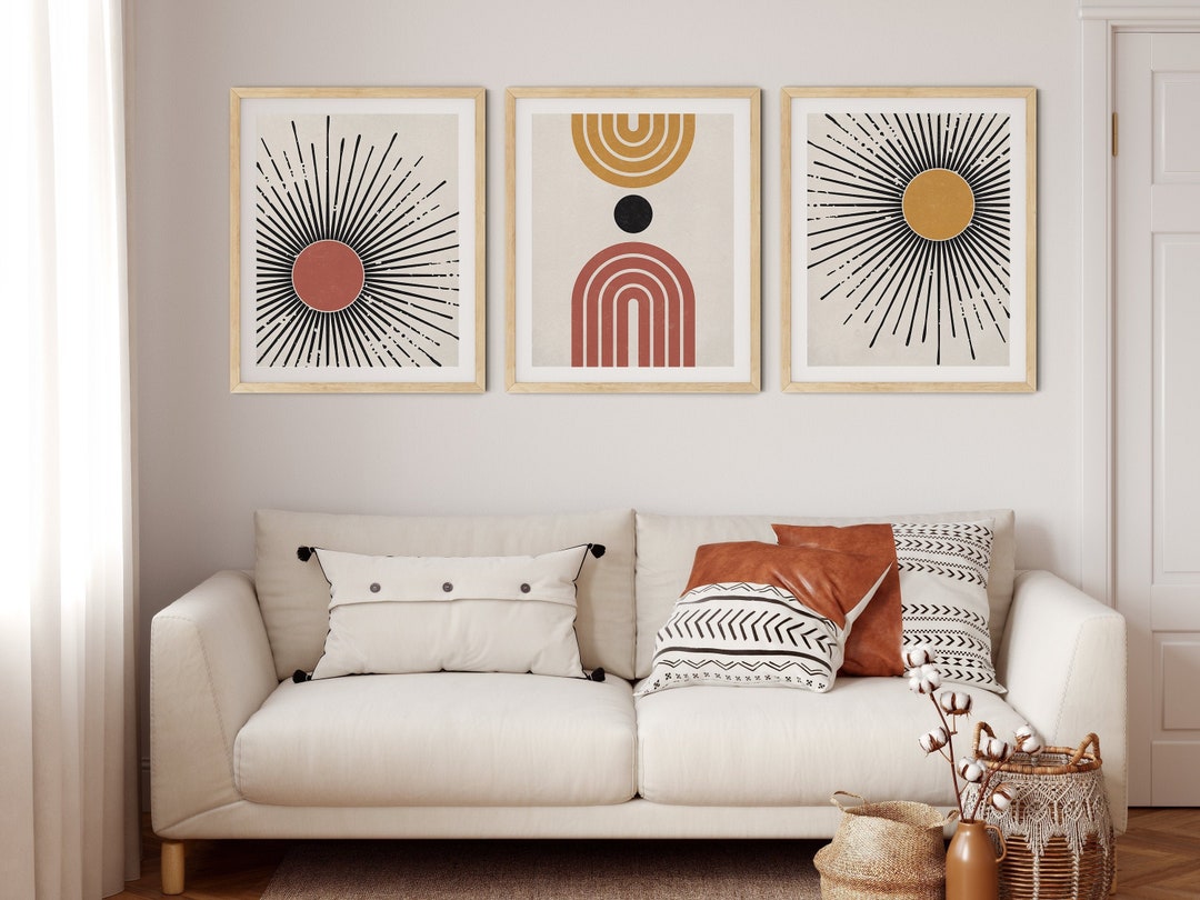 Set of 3 Modern Sun Prints, Printable Yellow Wall Art Mid Century ...