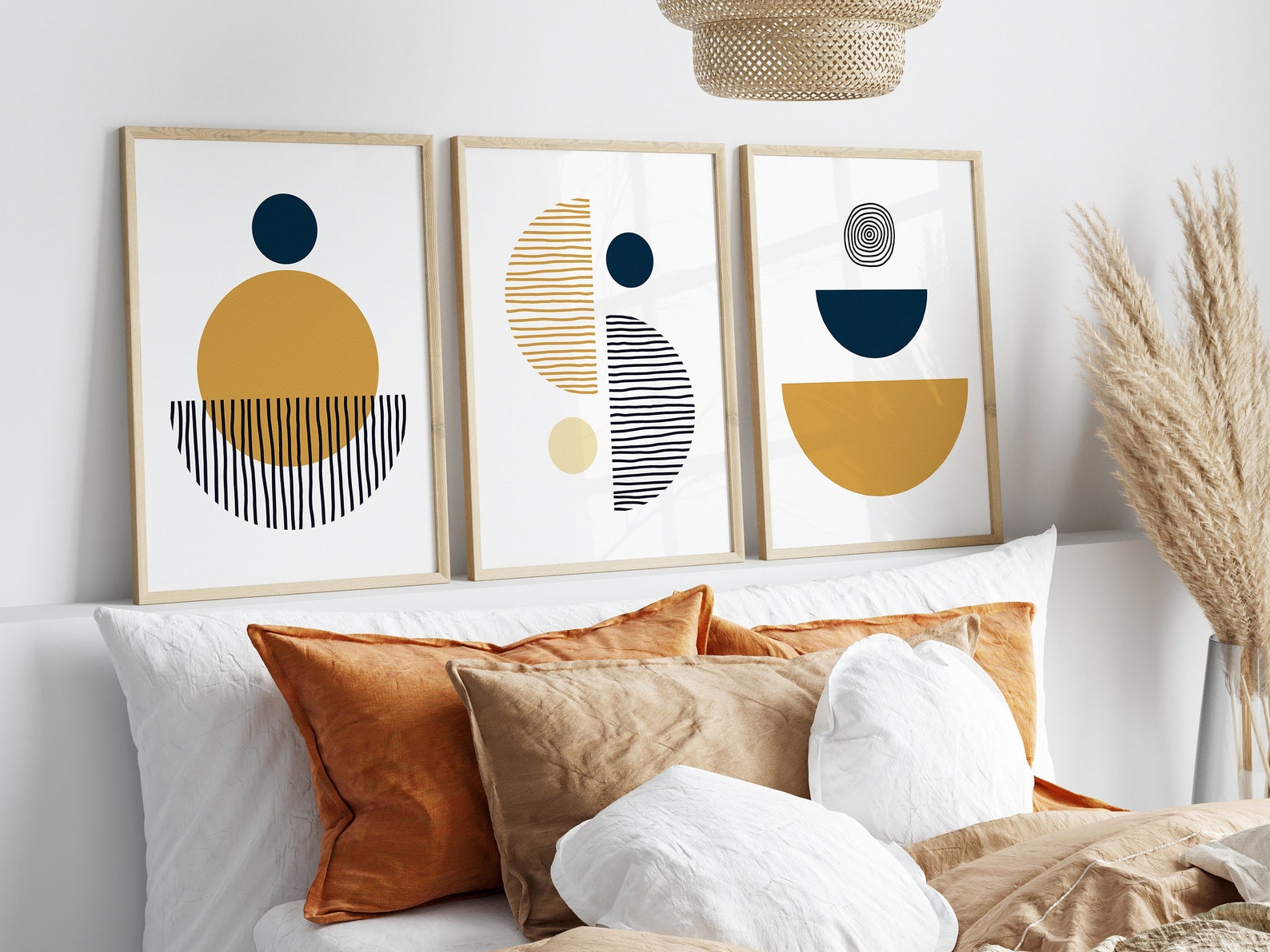 Abstract Wall Art Prints Mustard Yellow Navy Blue Set of 3 Etsy