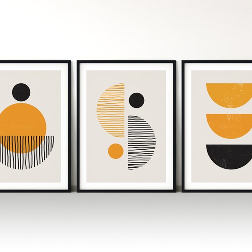 Abstract Wall Art Yellow Grey and Black Set of 3 Printable Etsy