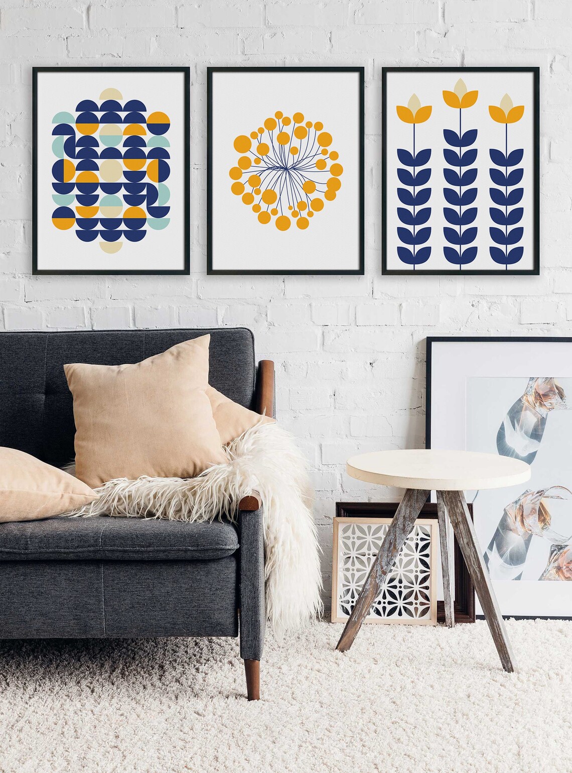 Abstract Wall Art Prints Mustard Yellow Navy Blue And Sage Etsy