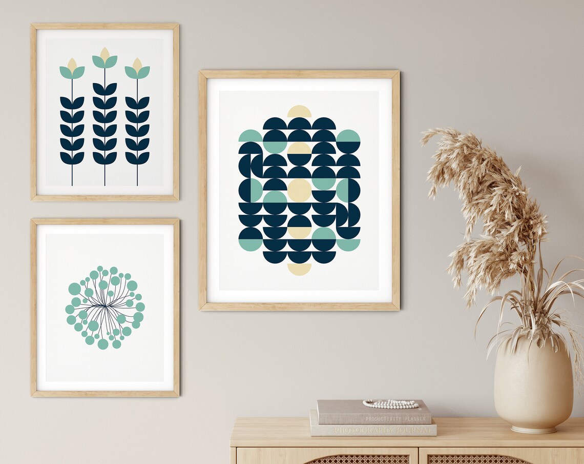 Abstract Wall Art Prints Sage Mint Green and Navy Blue Set Etsy