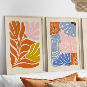 Modern Mid Century Wall Art,  Botanical Boho Print Set of 2, Instant Printable and Downloadable Art Prints, Floral Orange, Yellow, Blue