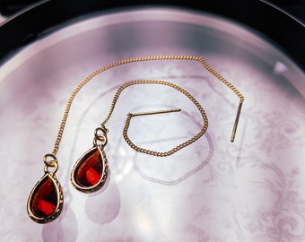 Blood Red Glass Drop Earrings Gothic Vampire Aesthetic Threader Chain