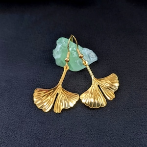 Golden Ginkgo Leaf Earrings, Ginkgo Biloba, Nature Jewelry, Lightweight, Pair