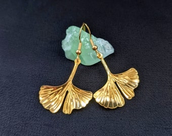Golden Ginkgo Leaf Earrings, Ginkgo Biloba, Nature Jewelry, Lightweight, Pair