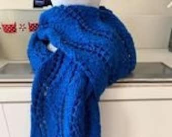Hand knitted lacy ladies scarf in blue
