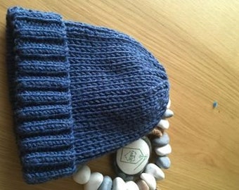 Ladies beanie hat hand knitted in blue