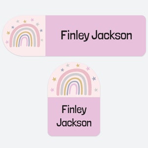 Personalised Name Labels, Stick On, Back To School, Waterproof Stickers, Clothing Name Tags - Boho Rainbow - Mixed Pack of 50 - No Iron
