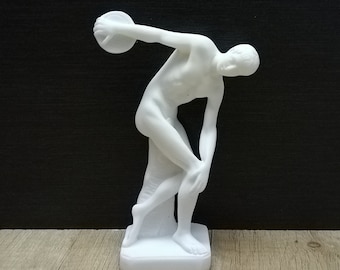 Discobolus Statue: 5.5" Alabaster Greek Sculpture, Handmade in Crete