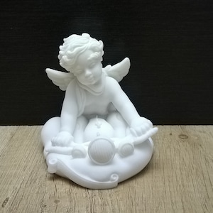 A Little Angel In a Cloud Drive Μotorcycle 9,5cm - 3.74in Greek Handmade Sculpture White Cast Alabaster Free Shipping - Free Tracking Number