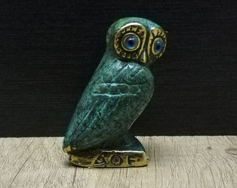 ブロンズフクロウ彫刻：知恵の象徴、手作りギリシャ装飾（5.5 cm