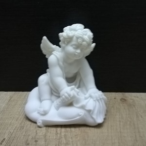 A Little Angel In a Cloud Paints -ECO- 10.5cm - 4.13in Greek Handmade Sculpture White Cast Alabaster Free Shipping - Free Tracking Number