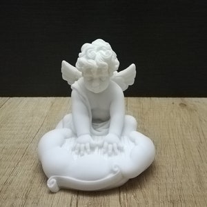 A Little Angel In a Cloud Plays Piano 10cm - 3.93in Greek Handmade Sculpture White Cast Alabaster Free Shipping - Free Tracking Number