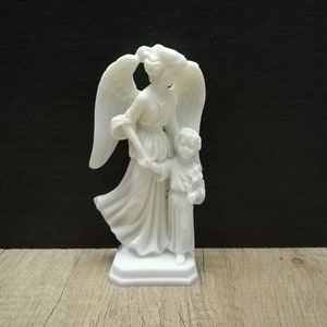Angel Protects Little Girl 14.5cm - 5.70in Greek Handmade Sculpture White Cast Alabaster Free Shipping - Free Tracking Number