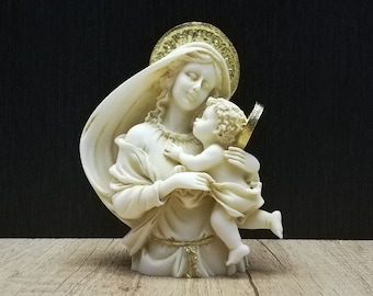 Virgin Mary -Madonna- With Jesus Bady 13cm-5.11in Alabaster Handmade-Handpainted Sculpture White Marble Free Shipping - Free Tracking Number