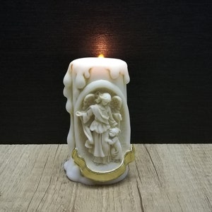 Candle Holder Angel Protects Little Girl 10.5cm - 3.93in Greek Handmade Sculpture White Cast Alabaster Free Shipping - Free Tracking Number