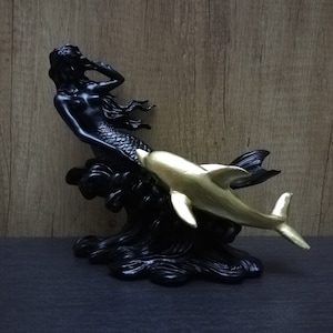 Mermaid on a Wave With a Dolphin 17cmH 19cmW Alabaster Handmade Sculpture Home Decor Free Shipping - Free Tracking Number