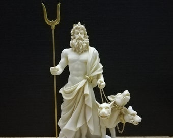 Hadès, dieu grec des morts et des enfers avec Cerbère, 23 cm - 9,05 po., sculpture faite main en marbre blanc, livraison gratuite - Numéro de suivi gratuit