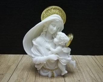 Handmade Alabaster Virgin Mary and Jesus Sculpture - Greek Art (5.11in)
