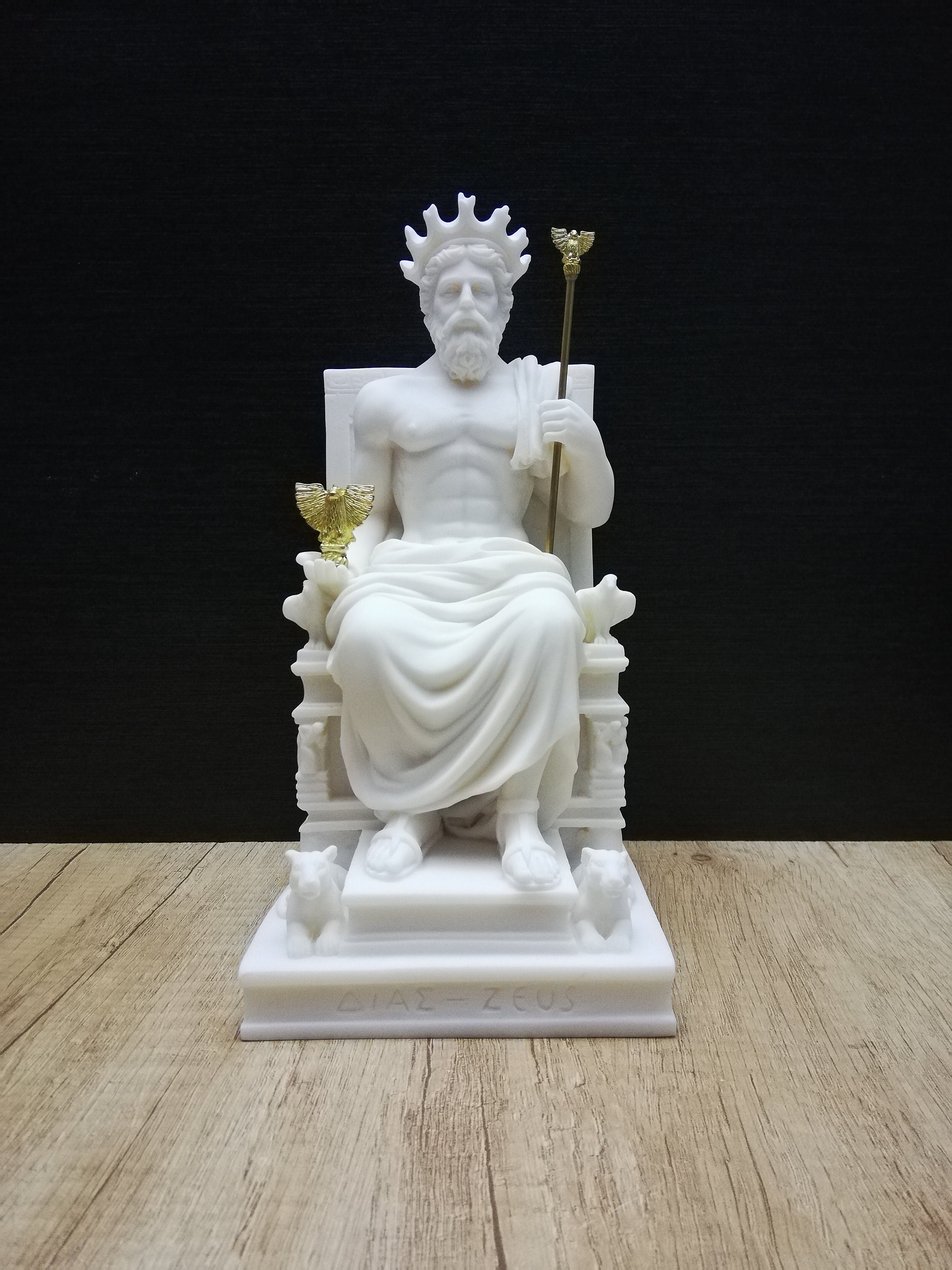 手作りアラバスターゼウス彫刻：古代ギリシャの神の像（24.5 cm-9.6