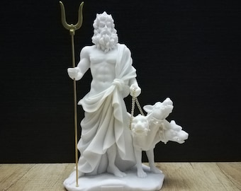 Handmade Hades & Cerberus Statue: Greek God of Underworld, 9.05" Cast Alabaster