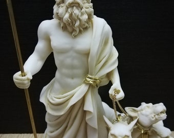 手作りアラバスター製ハデス彫刻とケルベロス - ギリシャ神話アート
