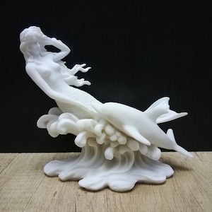Handmade Alabaster Mermaid Sculpture with Dolphin - Home Decor