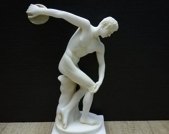 Discobolus Statue: Handmade Cast Alabaster Greek Sculpture (8.26in)