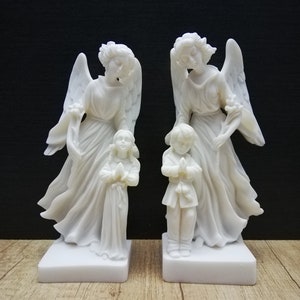 Angels Protects Little Boy 21cm & Girl 21cm Set Greek Handmade Sculpture White Cast Alabaster Free Shipping - Free Tracking Number