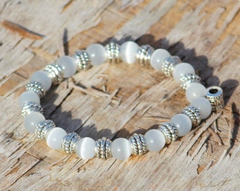 Selenite Bracelet: Smooth Round Gemstone Beads, Healing Crystals (8mm)