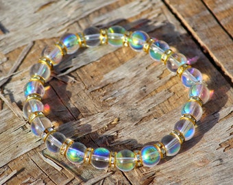 Angel Aura Quartz Bracelet: Rainbow Gemstone, Healing Crystal, Boho Jewelry