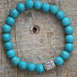 Buddha Bracelet,Blue Turquoise Bracelet,8mm Gemstone Beads,Gemstone Stretch Bracelet,Men,Women,Beaded,Yoga,Pray,Protection,Meditation,Gift