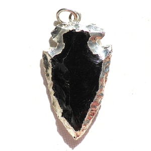 Black Obsidian Arrowhead Pendant with Electroplated Silver