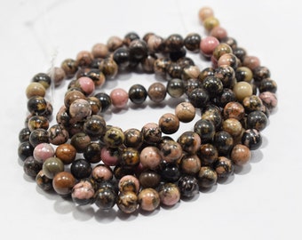 Natural Pink Black Rhodonite Beads  8mm Round Beads Earthy Pink Interesting Black Matrix Beads 15" Strand