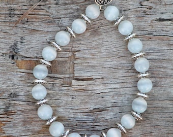 Selenite Bracelet: Round White Gemstone Beads, Healing Jewelry (8mm)