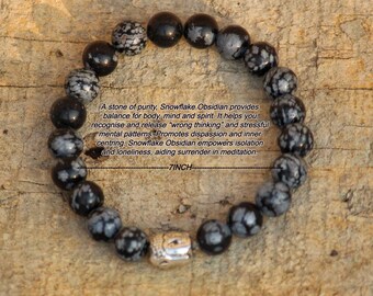 Snowflake Obsidian 8mm beaded intention bracelet, healing jewelry - grounding, peace, cleansing, balance