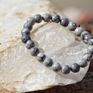 Grauer Jaspis Armband für Männer, Jaspis Landkarte Stein Armband, Picasso Jaspis, Supreme Nurturer, Innerer Frieden, Emotionale Heilung, Stressabbau